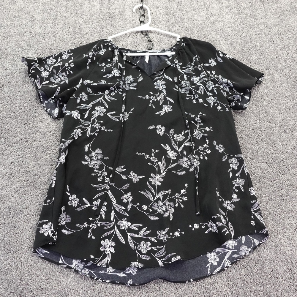 Anydoll Blouse Womens Large Black Floral Short Sleeve V Neck Tie Front Pullover